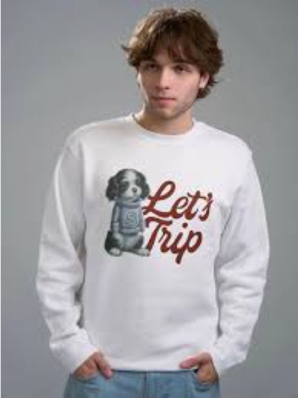 White Graphic 'Let's Trip' Sweatshirt with Dog Motif